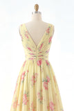 Floral V-Neck Yellow Prom Dress with Slit