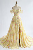 Off the Shoulder Yellow Prom Dress with Slit