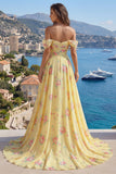 Off the Shoulder Yellow Prom Dress with Slit