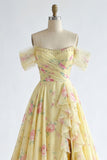 Off the Shoulder Yellow Prom Dress with Slit