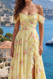 Off the Shoulder Yellow Prom Dress with Slit