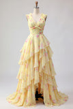A Line V-Neck Tiered Yellow Prom Dress with Slit