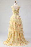 A Line V-Neck Tiered Yellow Prom Dress with Slit