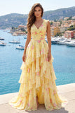 A Line V-Neck Tiered Yellow Prom Dress with Slit
