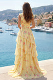 A Line V-Neck Tiered Yellow Prom Dress with Slit