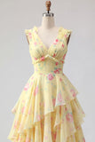 A Line V-Neck Tiered Yellow Prom Dress with Slit