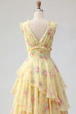 A Line V-Neck Tiered Yellow Prom Dress with Slit