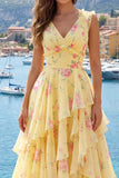 A Line V-Neck Tiered Yellow Prom Dress with Slit