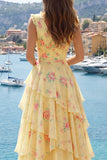 A Line V-Neck Tiered Yellow Prom Dress with Slit