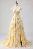 Yellow Ruffled A Line Prom Dress with Slit