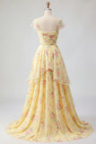 Yellow Ruffled A Line Prom Dress with Slit