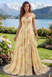 Yellow Ruffled A Line Prom Dress with Slit