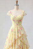 Yellow Ruffled A Line Prom Dress with Slit