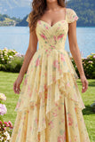 Yellow Ruffled A Line Prom Dress with Slit