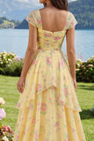 Yellow Ruffled A Line Prom Dress with Slit