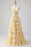 Halter A Line Yellow Floral Tiered Ruffle Long Prom Dress