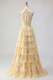 Halter A Line Yellow Floral Tiered Ruffle Long Prom Dress