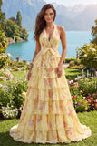 Halter A Line Yellow Floral Tiered Ruffle Long Prom Dress