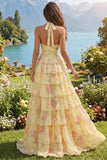 Halter A Line Yellow Floral Tiered Ruffle Long Prom Dress
