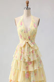 Halter A Line Yellow Floral Tiered Ruffle Long Prom Dress