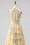 Halter A Line Yellow Floral Tiered Ruffle Long Prom Dress