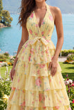 Halter A Line Yellow Floral Tiered Ruffle Long Prom Dress