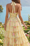 Halter A Line Yellow Floral Tiered Ruffle Long Prom Dress
