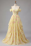 Yellow Floral A Line Off the Shoulder Prom Dress