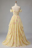 Yellow Floral A Line Off the Shoulder Prom Dress