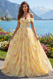 Yellow Floral A Line Off the Shoulder Prom Dress