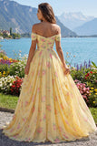 Yellow Floral A Line Off the Shoulder Prom Dress