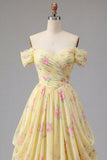 Yellow Floral A Line Off the Shoulder Prom Dress