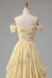 Yellow Floral A Line Off the Shoulder Prom Dress