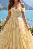 Yellow Floral A Line Off the Shoulder Prom Dress