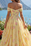 Yellow Floral A Line Off the Shoulder Prom Dress