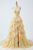 Yellow A Line Tiered Ruffle Corset Prom Dress with Slit