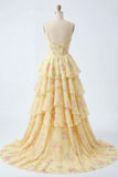 Yellow A Line Tiered Ruffle Corset Prom Dress with Slit