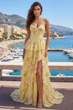 Yellow A Line Tiered Ruffle Corset Prom Dress with Slit