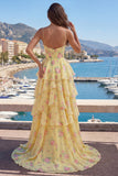 Yellow A Line Tiered Ruffle Corset Prom Dress with Slit