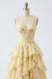 Yellow A Line Tiered Ruffle Corset Prom Dress with Slit