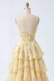 Yellow A Line Tiered Ruffle Corset Prom Dress with Slit