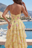 Yellow A Line Tiered Ruffle Corset Prom Dress with Slit