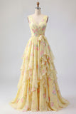 Yellow V-Neck Floral Ruffled Chiffon Prom Dress with Sash