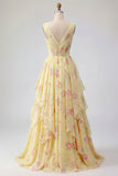 Yellow V-Neck Floral Ruffled Chiffon Prom Dress with Sash
