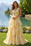 Yellow V-Neck Floral Ruffled Chiffon Prom Dress with Sash