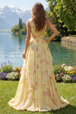 Yellow V-Neck Floral Ruffled Chiffon Prom Dress with Sash