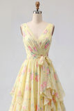 Yellow V-Neck Floral Ruffled Chiffon Prom Dress with Sash