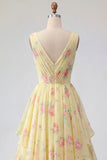 Yellow V-Neck Floral Ruffled Chiffon Prom Dress with Sash