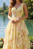 Yellow V-Neck Floral Ruffled Chiffon Prom Dress with Sash