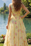 Yellow V-Neck Floral Ruffled Chiffon Prom Dress with Sash